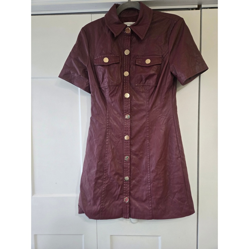 Toccin x RTR Burgundy Faux Leather Short Sleeve Button Front Mini Shirt Dress 4